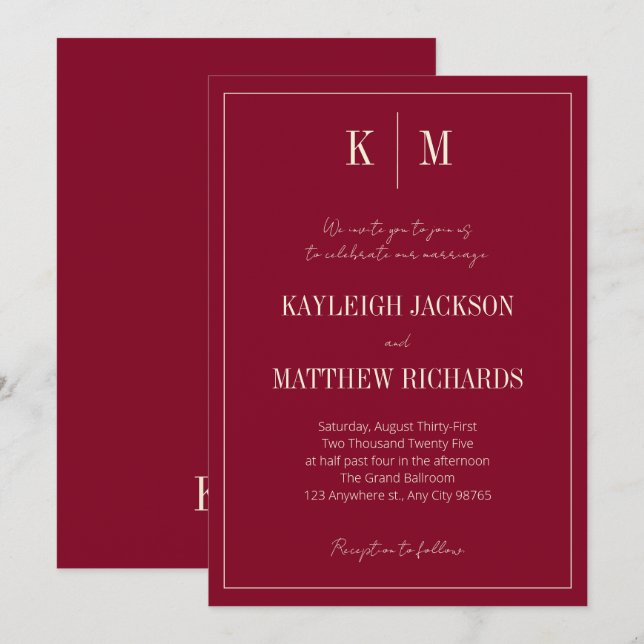 Elegant Burgundy Ivory Monogram Wedding Invitation (Front/Back)