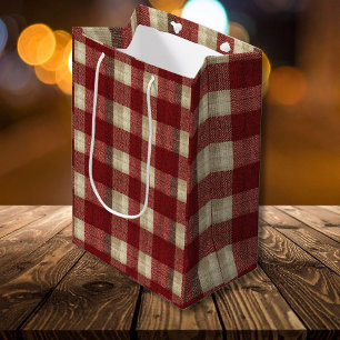 Elegant Burgundy Ivory Rust Red Plaid Pattern Medium Gift Bag
