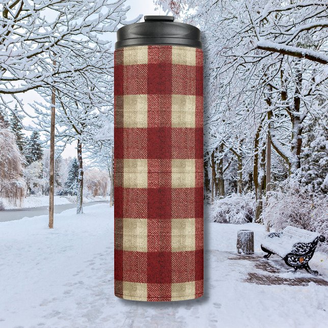 Elegant Burgundy Ivory Rust Red Plaid Pattern Thermal Tumbler (Creator Uploaded)