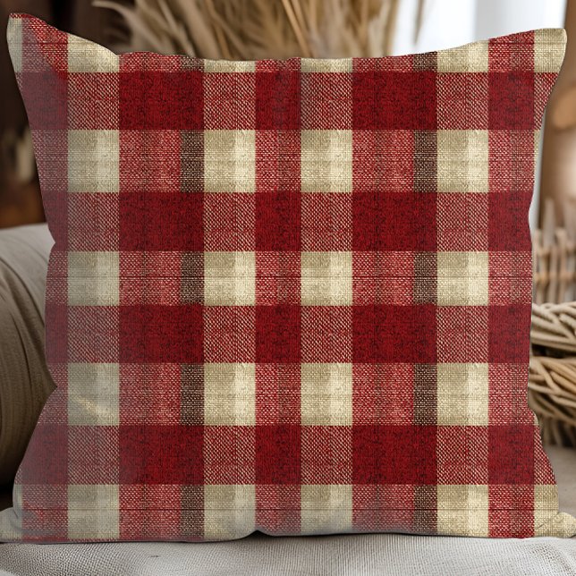 Elegant Burgundy Ivory Rust Red Plaid Pattern Throw Pillow (Creator Uploaded)