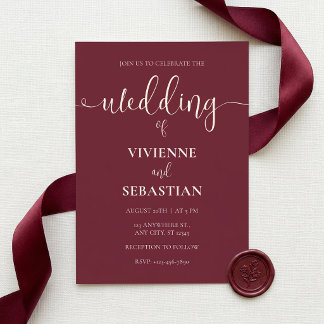 Elegant Burgundy Ivory Script Minimalist Wedding Invitation