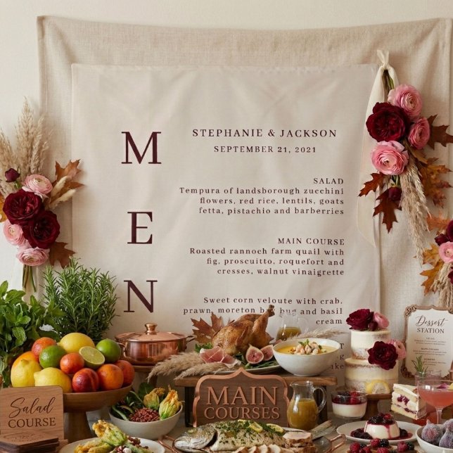 Elegant Burgundy & Ivory Wedding Bar Menu Tapestry (Creator Uploaded)