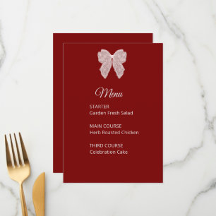 Elegant Burgundy Lace Bow Wedding Menu Card
