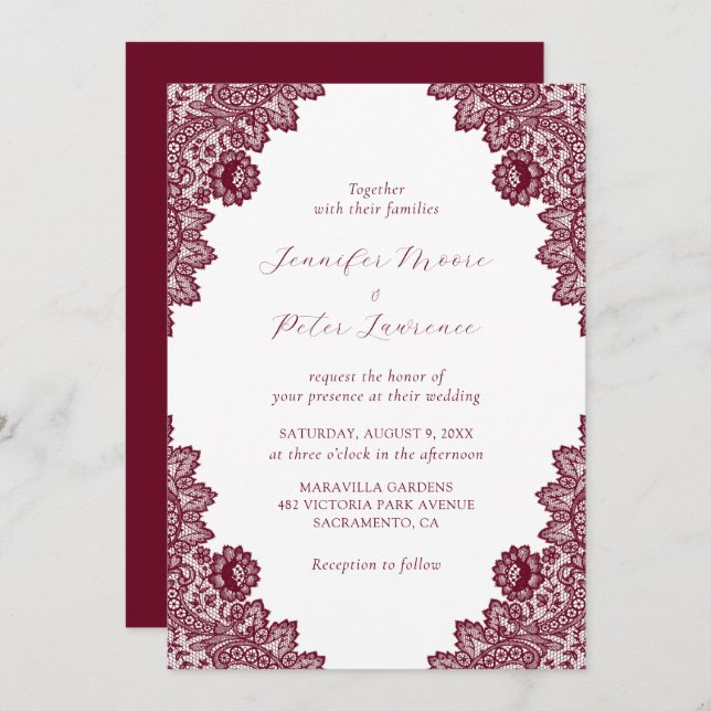 Elegant Burgundy Lace Wedding Invitation (Front/Back)