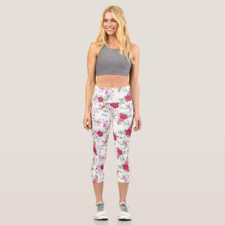 Elegant Burgundy & Lavender Floral Rose Pattern Capri Leggings