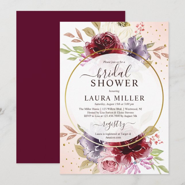 Elegant burgundy lilac pink roses bridal shower invitation (Front/Back)