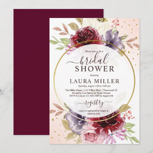 Elegant burgundy lilac pink roses bridal shower invitation