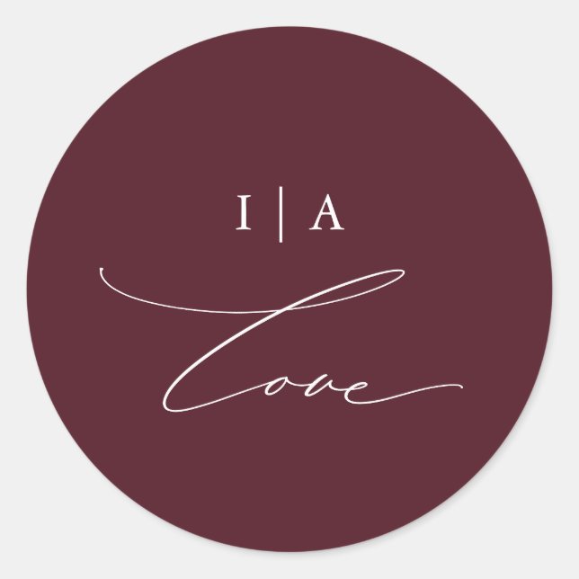 Elegant Burgundy Love Calligraphy Monogram Wedding Classic Round Sticker (Front)