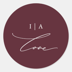 Elegant Burgundy Love Calligraphy Monogram Wedding Classic Round Sticker