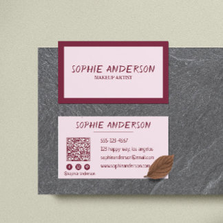 Elegant Burgundy Makeup Artist with QR Code Business Card