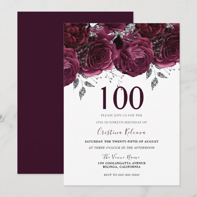 Elegant Burgundy Maroon Roses 100th Birthday Party Invitation (Front/Back)