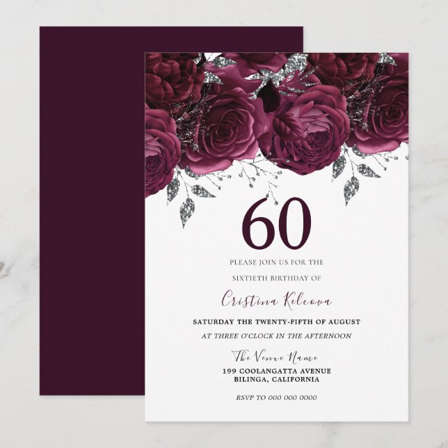 Elegant Burgundy Maroon Roses 60th Birthday Party Invitation (Front/Back)