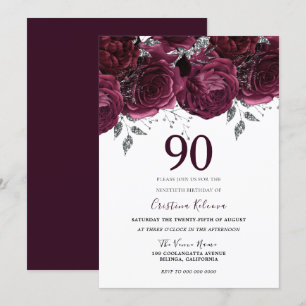 Elegant Burgundy Maroon Roses 90th Birthday Party Invitation