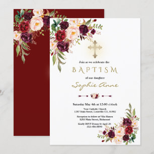 Elegant Burgundy Marsala Floral Cross Baptism Invitation