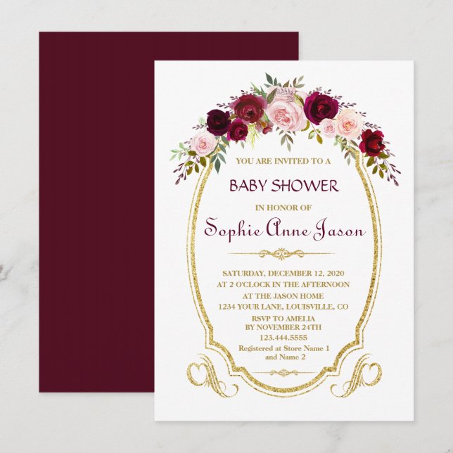 Elegant Burgundy Marsala Floral Fall Baby Shower Invitation (Front/Back)