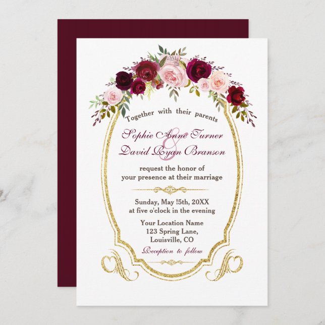 Elegant Burgundy Marsala Floral Fall Wedding Invitation (Front/Back)