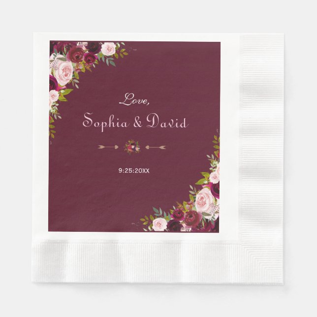 Elegant Burgundy Marsala Floral Wedding Napkin (Front)