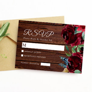 Elegant Burgundy & Marsala Flowers Wood Wedding RSVP Card