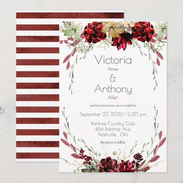 Elegant Burgundy Marsala Succulents Wedding Invitation (Front/Back)