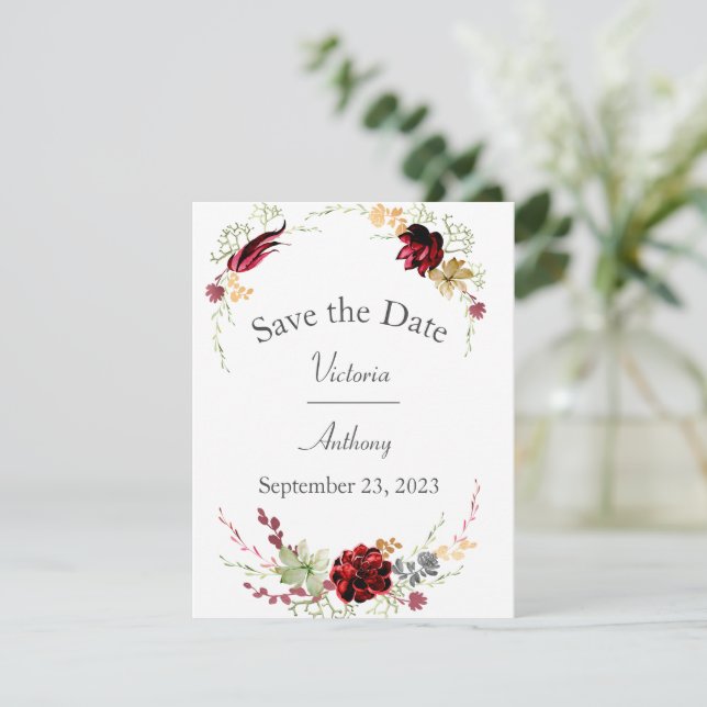 Elegant Burgundy Marsala Succulents Wedding Save The Date (Standing Front)