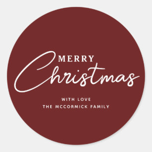 Elegant Burgundy Merry Christmas Script Name Classic Round Sticker