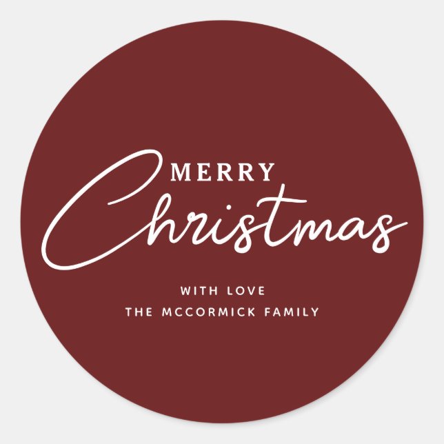 Elegant Burgundy Merry Christmas Script Name Classic Round Sticker (Front)
