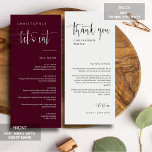 Elegant Burgundy Minimal Thank You Placecard Menu<br><div class="desc">Check out this All-in-One Modern Minimalist Menu Table Escort Place Card with Thank You for your wedding or party event! This menu card features an elegant calligraphy script of "let's eat" on the front with a clean and simple block sans serif typography font on a burgundy background and elegant script...</div>