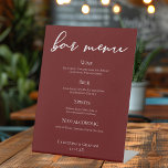 Elegant Burgundy Minimalist Wedding Bar Menu Pedestal Sign<br><div class="desc">This solid burgundy wedding bar menu pedestal sign features classic white script for a bride and groom getting married at a formal evening venue. Embrace romance with this rich,  bold colour. Minimalist and romantic typography reception sign for a modern couple.</div>