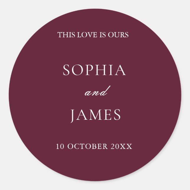 Elegant Burgundy Minimalist Wedding Classic Round Sticker (Front)