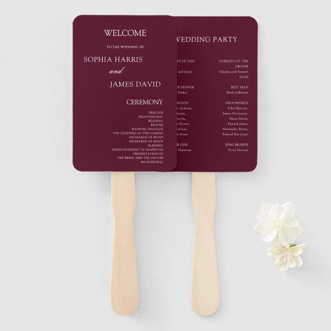 Elegant Burgundy Minimalist Wedding Programs Hand Fan (Front and Back)