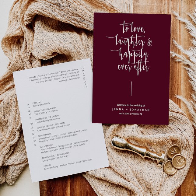 Elegant Burgundy Modern Minimalist Script Wedding Program (Creator Uploaded)