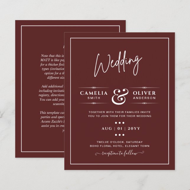 Elegant Burgundy Monochrome Wedding Simple Classic (Front/Back)