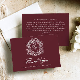 Elegant Burgundy Monogram Crest Vintage Wedding Thank You Card