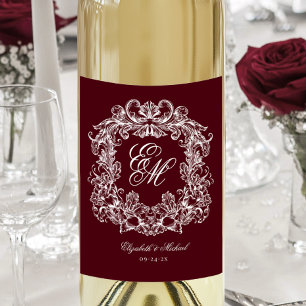 Elegant Burgundy Monogram Crest Vintage Wedding Wine Label
