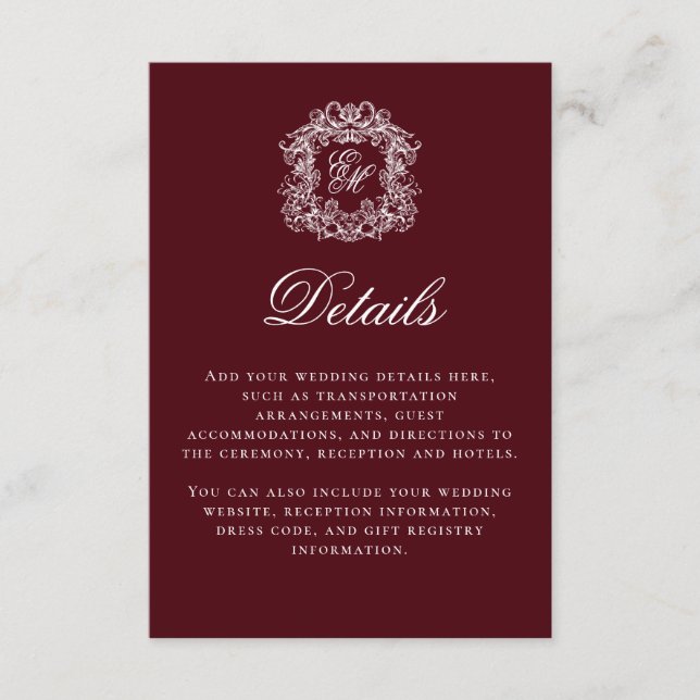 Elegant Burgundy Monogram Crest Wedding Details Enclosure Card (Front)