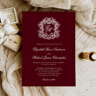 Elegant Burgundy Monogram Crest Wedding Invitation