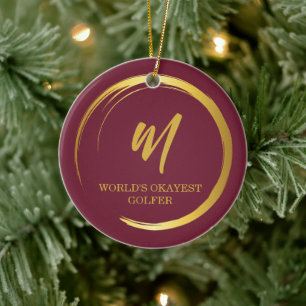 Elegant Burgundy Monogram Golf Ceramic Ornament