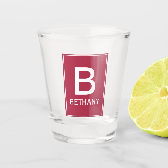 Elegant Burgundy Monogram Personalised Shot Glass (Front)