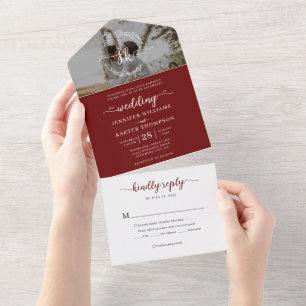 Elegant Burgundy Monogram Photo Rsvp Wedding All In One Invitation