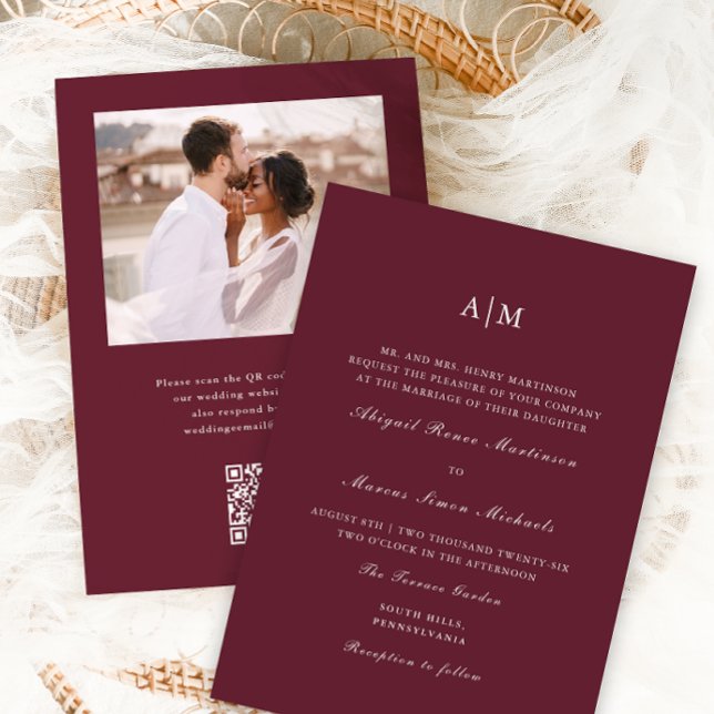 Elegant Burgundy Monogram QR Rsvp Photo Wedding Invitation (Creator Uploaded)