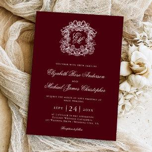 Elegant Burgundy Monogram Wedding Crest Invitation