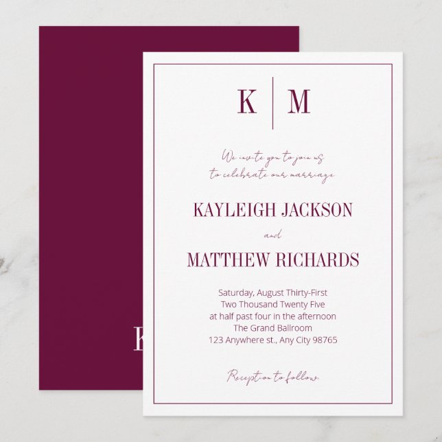 Elegant Burgundy Monogram Wedding  Invitation (Front/Back)