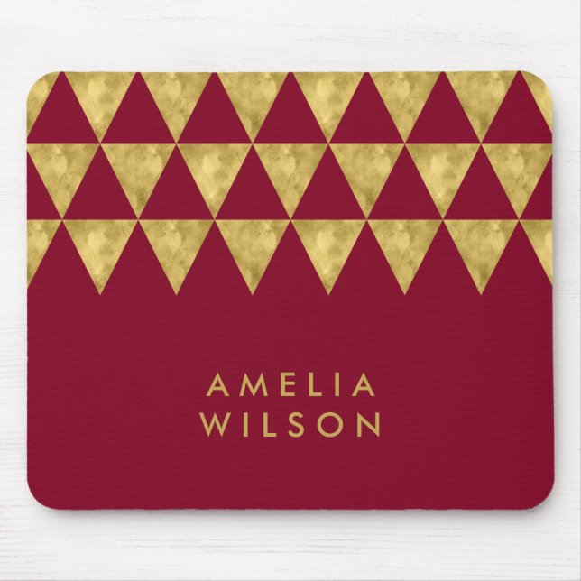 Elegant Burgundy Name Faux Gold Triangle Pattern Mouse Pad (Front)