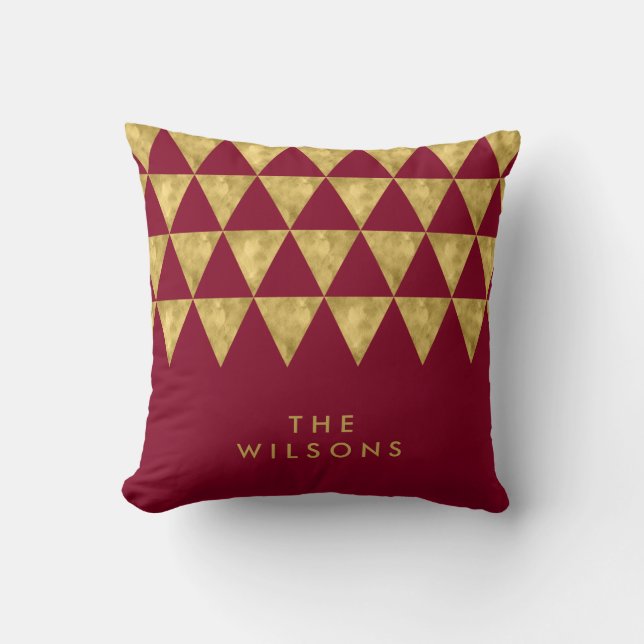 Elegant Burgundy Name Faux Gold Triangle Pattern Throw Pillow (Front)