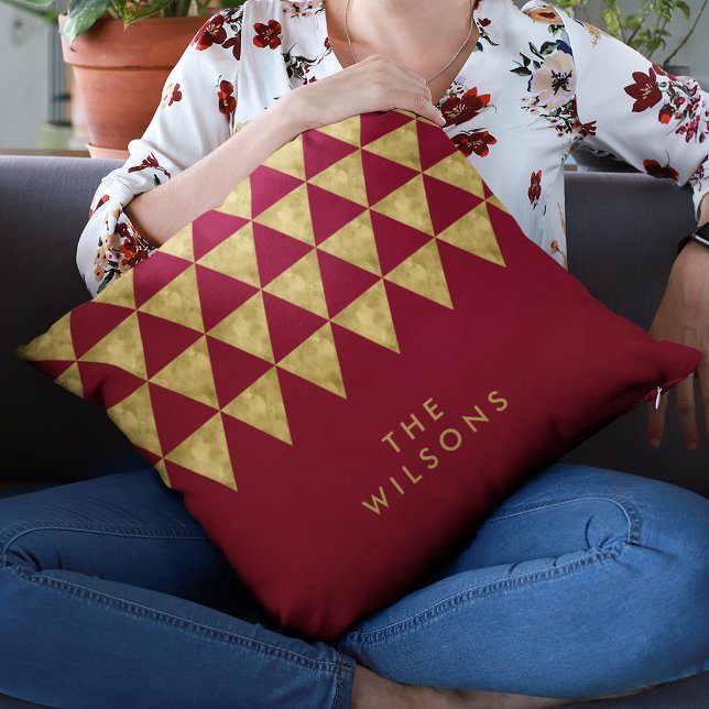 Elegant Burgundy Name Faux Gold Triangle Pattern Throw Pillow (Creator Uploaded)