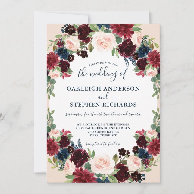 Elegant Burgundy, Navy and Pink Floral Wedding Invitation (Front)