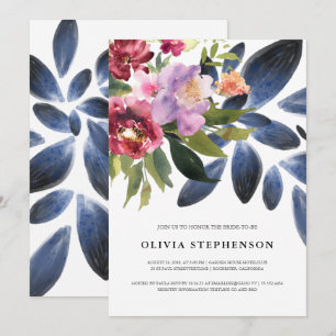 Elegant Burgundy Navy Blue Botanical Bridal Shower Invitation