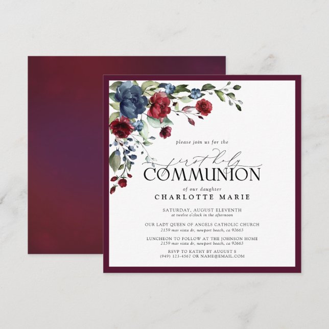 Elegant Burgundy Navy Blue First Holy Communion Invitation (Front/Back)