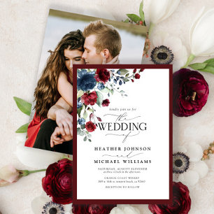 Elegant Burgundy Navy Blue Floral Watercolor Photo Invitation