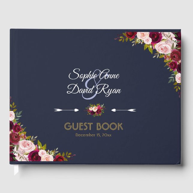 Elegant Burgundy Navy Blue Floral Wedding Guest Book (Front)
